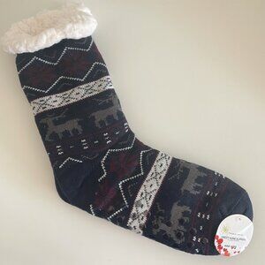 NWT Lanleo Blue Snowflake Deer Sherpa-Lined Grip Men's Socks